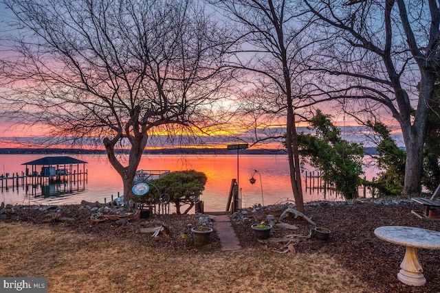 view of water feature with a boat dock