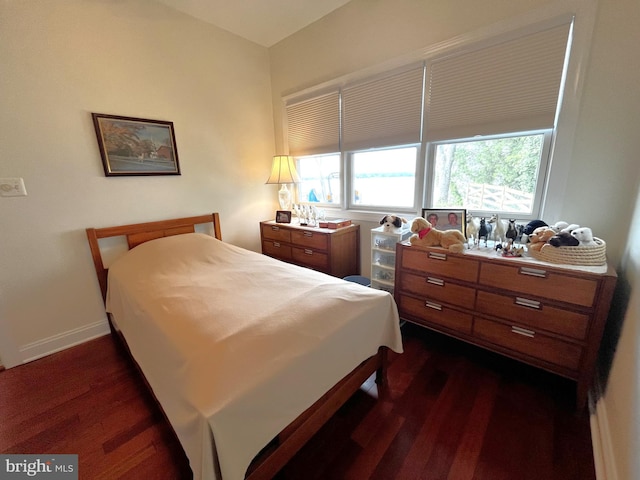 bedroom with multiple windows and dark hardwood / wood-style flooring