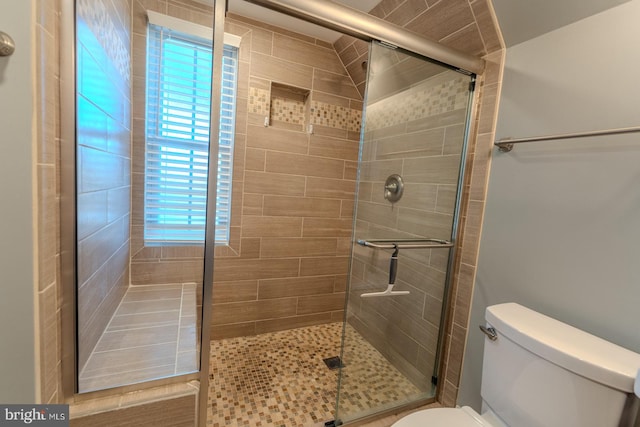 bathroom with a shower with door, toilet, and a healthy amount of sunlight