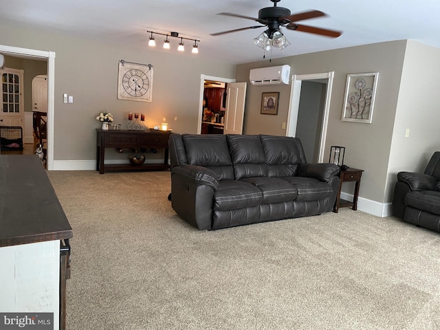 living room featuring a wall mounted air conditioner, carpet floors, and ceiling fan