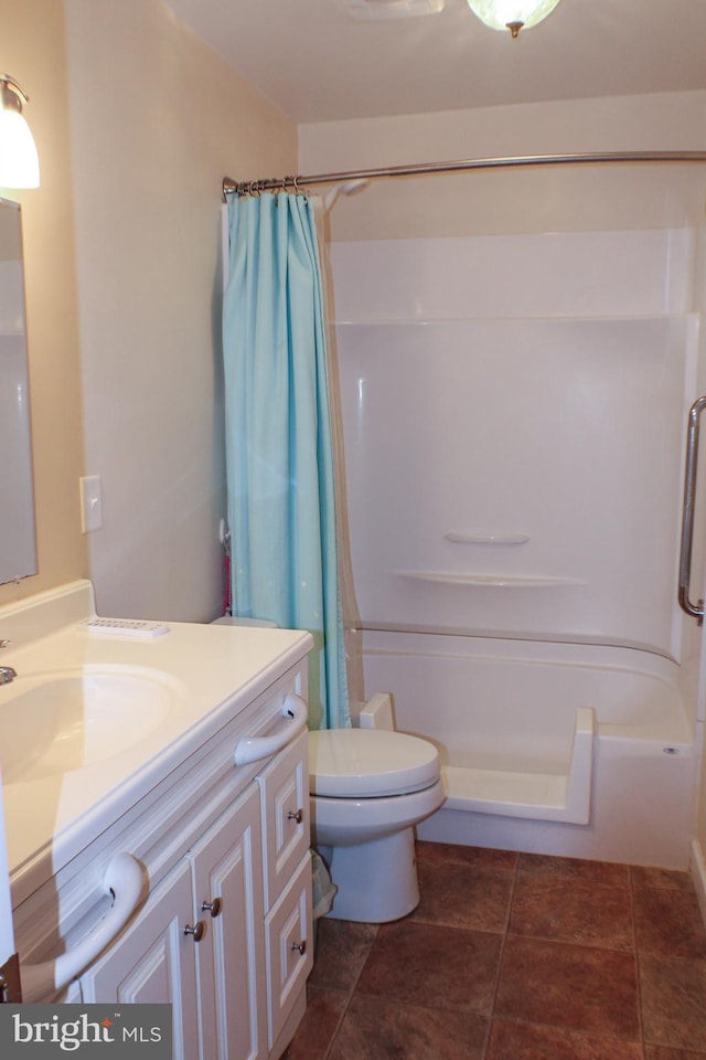 full bathroom featuring vanity, toilet, shower / bath combination with curtain, and tile patterned flooring