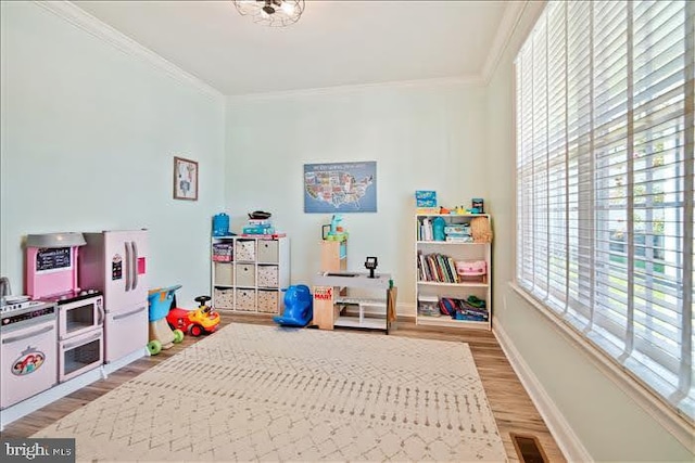 game room with ornamental molding and wood-type flooring