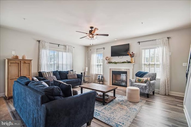 living room featuring ceiling fan, hardwood / wood-style flooring, and plenty of natural light