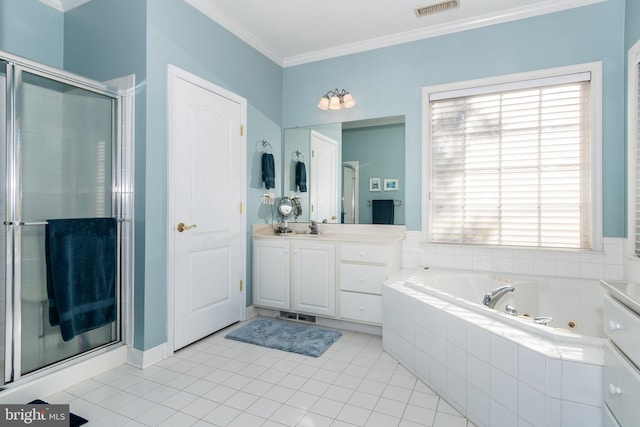 bathroom with vanity, tile patterned floors, separate shower and tub, and ornamental molding