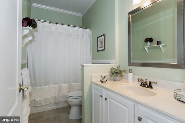 full bathroom featuring tile patterned flooring, shower / bath combination with curtain, vanity, crown molding, and toilet