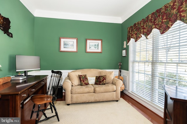 office space featuring ornamental molding, a wealth of natural light, and hardwood / wood-style flooring