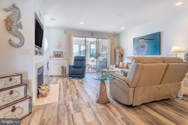 living room with light hardwood / wood-style floors and crown molding