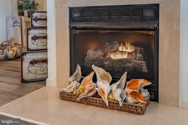 details with wood-type flooring and a fireplace