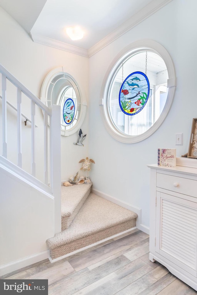 stairway featuring hardwood / wood-style flooring, ornamental molding, and a wealth of natural light