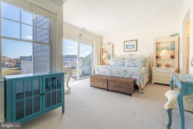 bedroom with ornamental molding, access to exterior, and light colored carpet