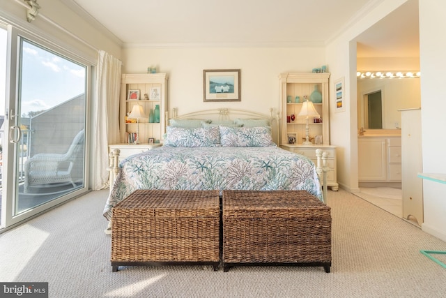 bedroom with connected bathroom, light carpet, access to outside, and ornamental molding