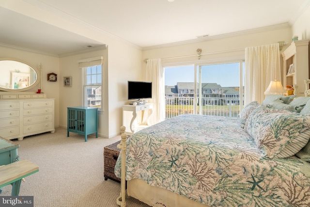 carpeted bedroom featuring multiple windows, ornamental molding, and access to exterior