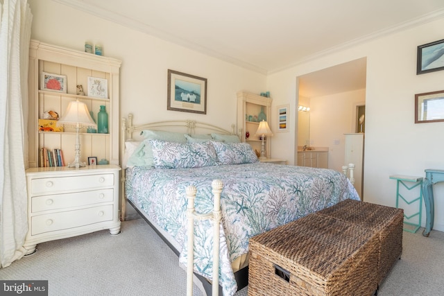 carpeted bedroom with crown molding