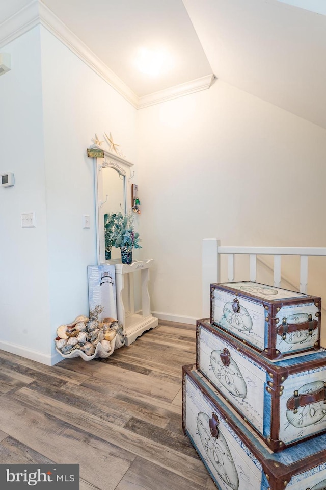 interior space featuring crown molding, lofted ceiling, and hardwood / wood-style floors