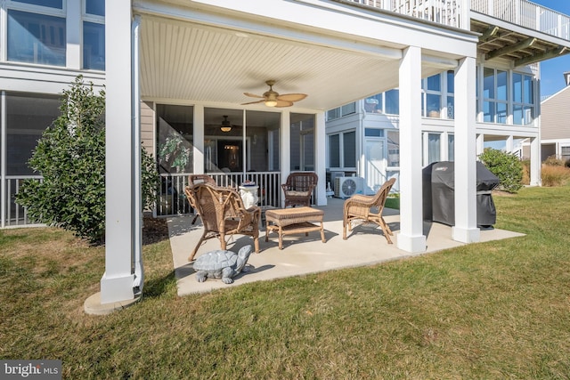 view of patio featuring ceiling fan and grilling area