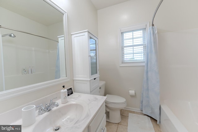 full bathroom with shower / tub combo with curtain, vanity, toilet, and tile patterned floors