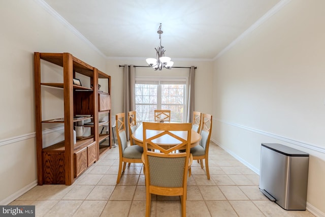 dining area with an inviting chandelier, light tile patterned floors, and crown molding