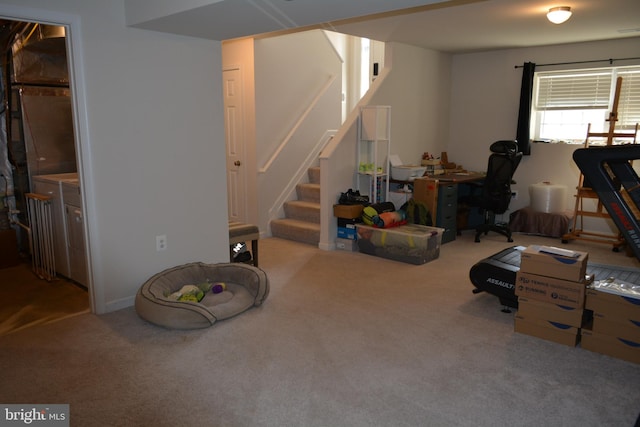 basement with carpet flooring