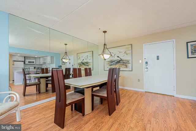 dining area featuring light hardwood / wood-style floors and a textured ceiling