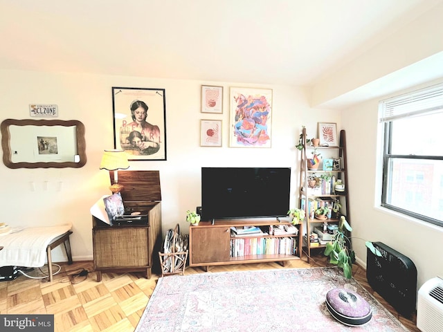 living room with parquet floors