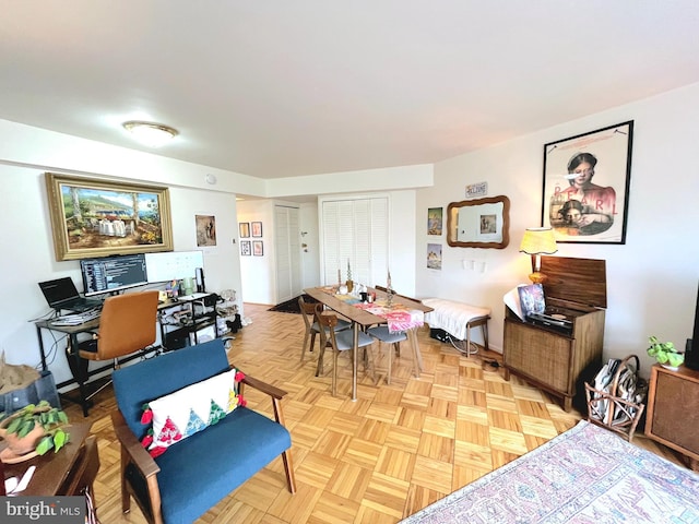 living room featuring light parquet flooring