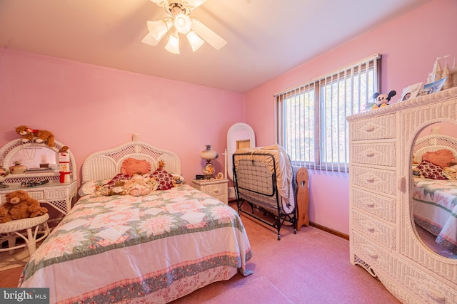 bedroom featuring ceiling fan and carpet floors