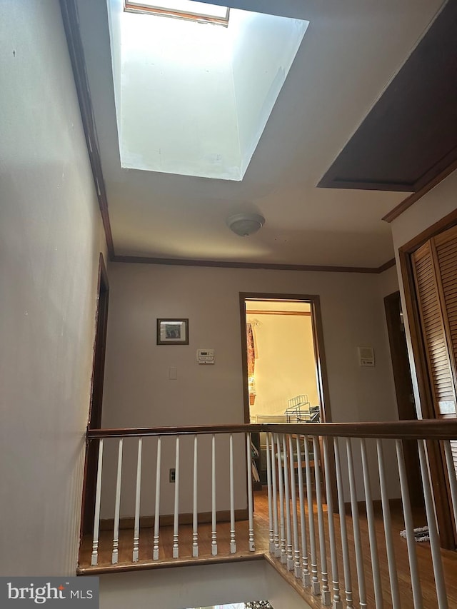 hallway with wood-type flooring, crown molding, and a skylight