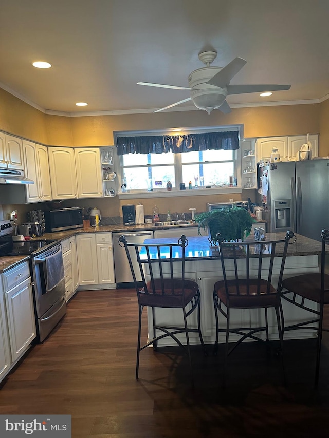 kitchen featuring dark wood-type flooring, white cabinets, ceiling fan, ornamental molding, and appliances with stainless steel finishes