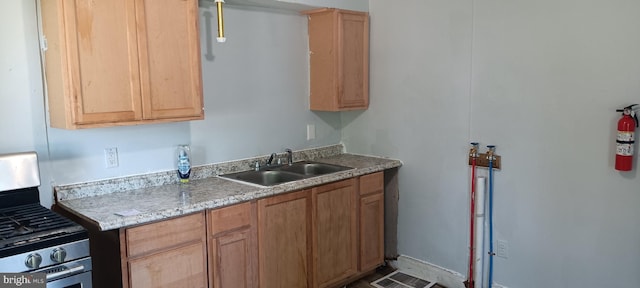 kitchen with sink, stainless steel gas stove, and light stone countertops