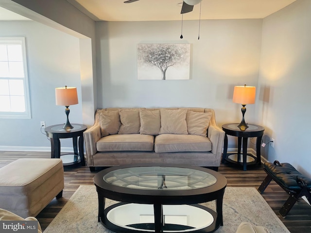 living room with dark hardwood / wood-style flooring