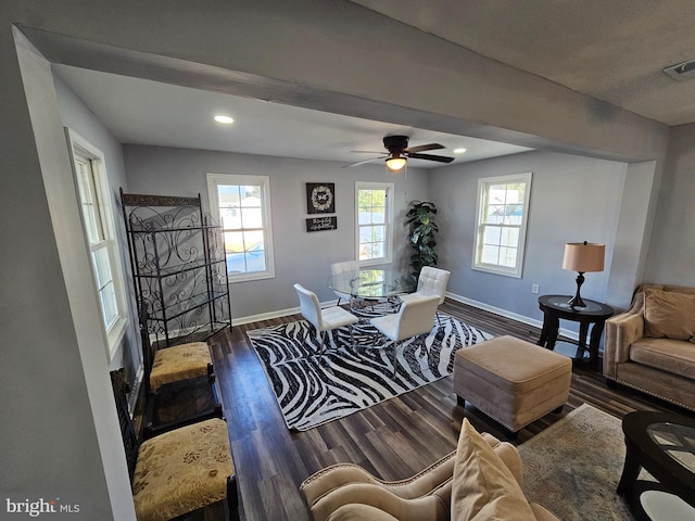 living room featuring a wealth of natural light, wood-type flooring, and ceiling fan