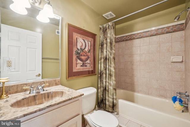 full bathroom with toilet, vanity, shower / bath combination with curtain, and tile patterned flooring