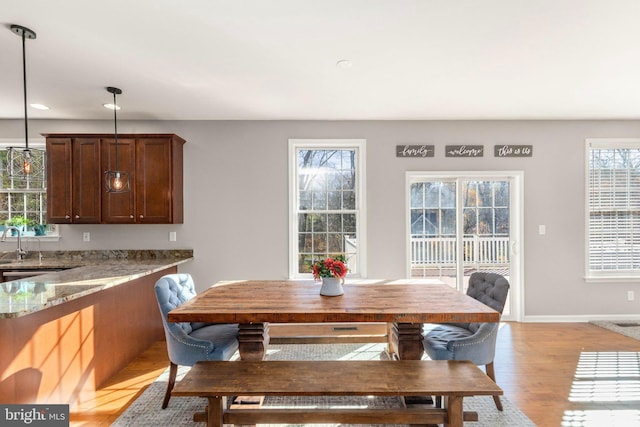 dining room with light hardwood / wood-style flooring and sink