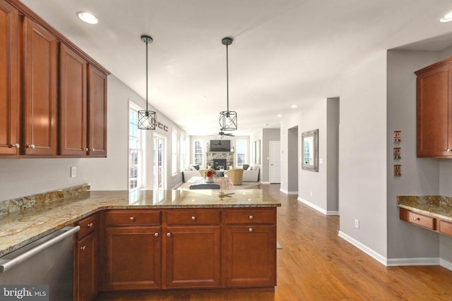 kitchen featuring a fireplace, light hardwood / wood-style floors, a healthy amount of sunlight, and stainless steel dishwasher