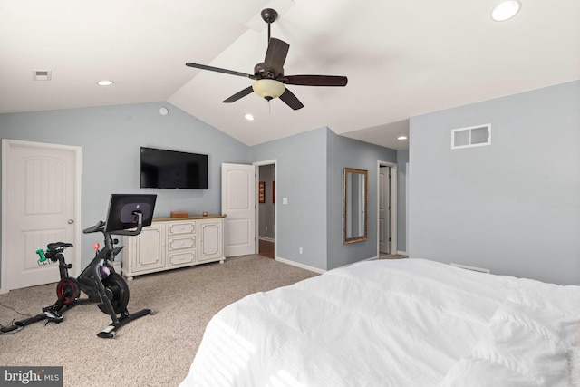 carpeted bedroom featuring ceiling fan and lofted ceiling