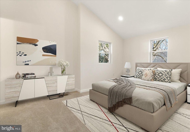 bedroom with carpet flooring and high vaulted ceiling