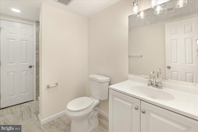 245 Knoxville Rd, Knoxville, MD 21758 - bathroom with baseboards, vanity, toilet, marble finish floors, and recessed lighting