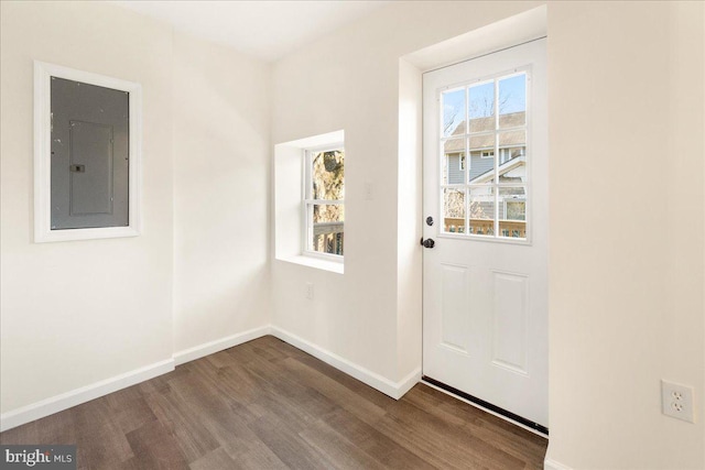 entryway with hardwood / wood-style floors and electric panel