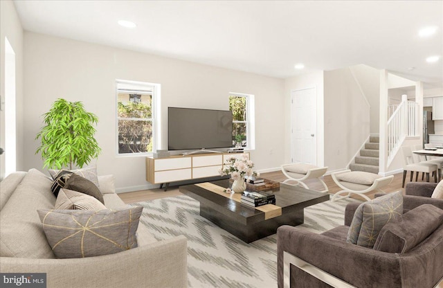 245 Knoxville Rd, Knoxville, MD 21758 - living area featuring stairs, wood finished floors, baseboards, and recessed lighting