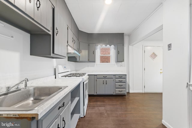 kitchen featuring white range with gas cooktop, sink, dark wood-type flooring, and gray cabinetry