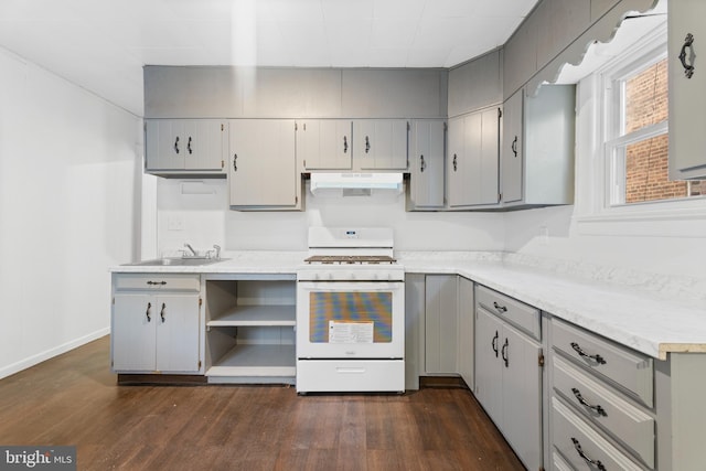 227 Columbus Ave, Trenton, NJ 08629 - kitchen featuring a sink, white gas range, under cabinet range hood, dark wood-style floors, and gray cabinetry