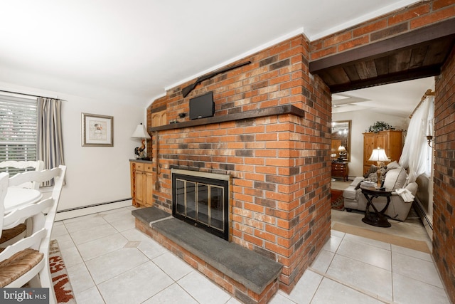 tiled living room featuring brick wall and a fireplace