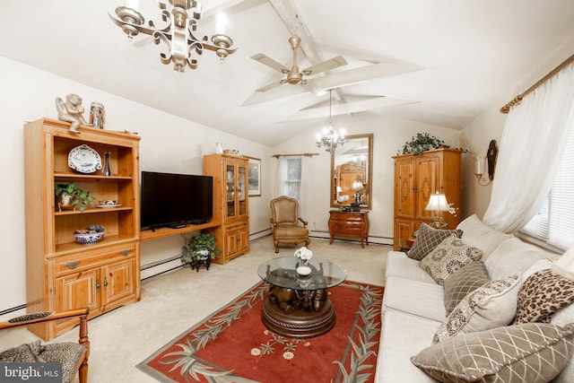 carpeted living room with baseboard heating, vaulted ceiling with beams, and ceiling fan with notable chandelier