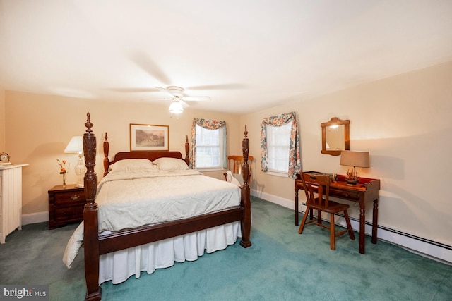 carpeted bedroom featuring baseboard heating and ceiling fan