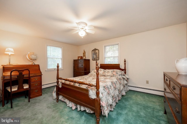 bedroom featuring ceiling fan, multiple windows, a baseboard radiator, and dark carpet