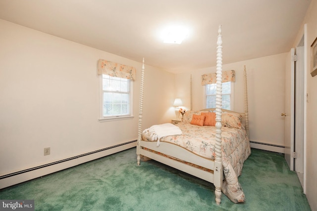 bedroom with a baseboard radiator and dark colored carpet