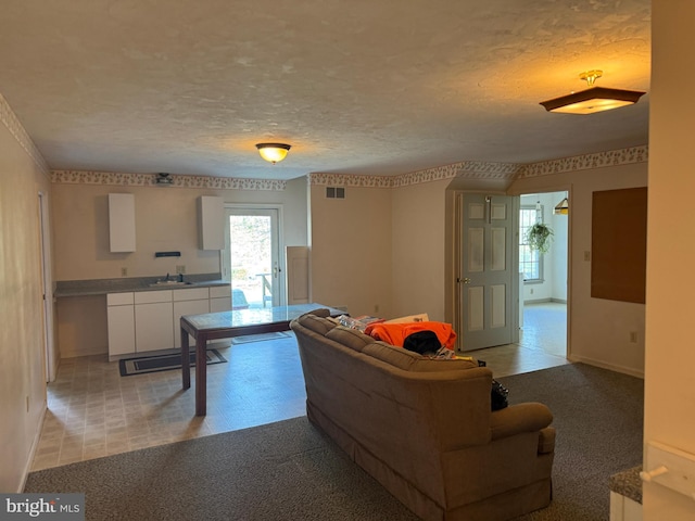 living room featuring a textured ceiling, baseboards, a healthy amount of sunlight, and visible vents
