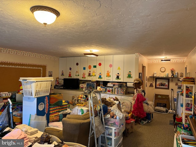 interior space with carpet flooring and a textured ceiling