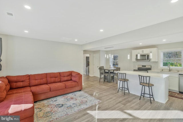 living room featuring light hardwood / wood-style flooring and sink