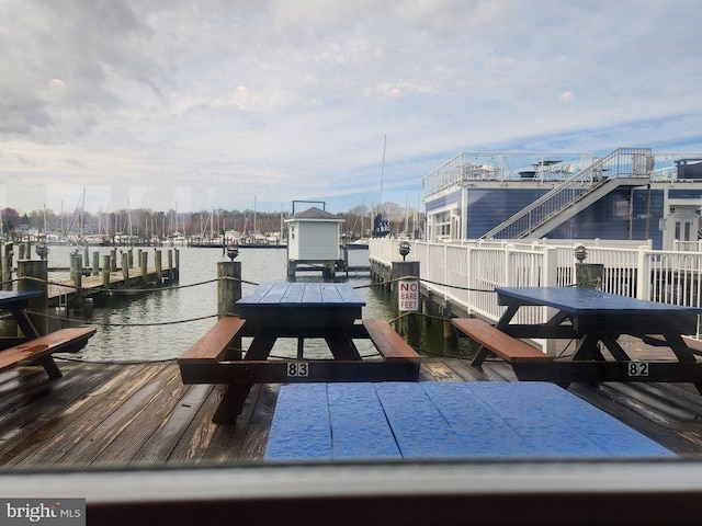 view of dock with a water view